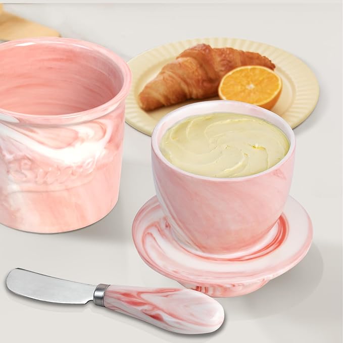 Ceramic Butter Crock with Lid & Spreader Knife, Butter Keeper - Ideal Butter Storage & Countertop Butter Dish (Marble Pink with Marble Pink Knife, M)
