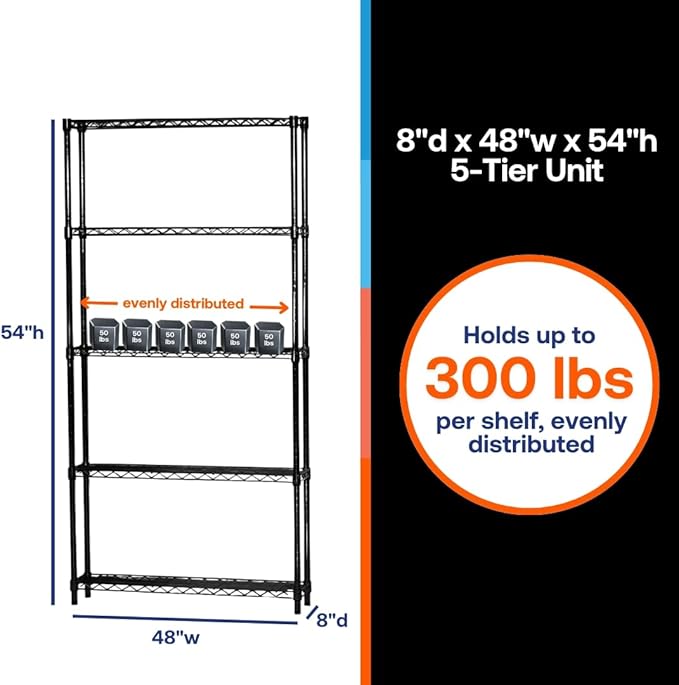 Shelving Inc. 8" d x 48" w x 54" h Black Wire Shelving with 5 Tier Shelves, Weight Capacity 300lbs Per Shelf
