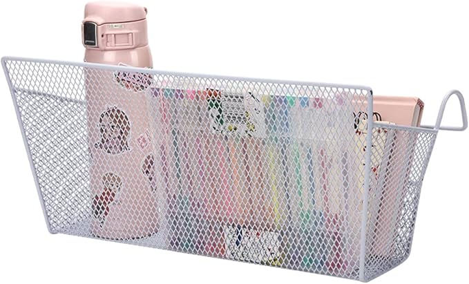 2 pcs Hanging metal mesh bedside storage basket， student dormitory bed storage baskets,used for bedside storage, beverage tissues and office rooms with hooks (white)