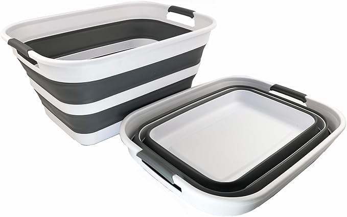 SAMMART 27L (7.1 Gallons) Collapsible Plastic Laundry Basket with Handle-Foldable Pop Up Storage Basket with handle (2, White/Steel Grey)