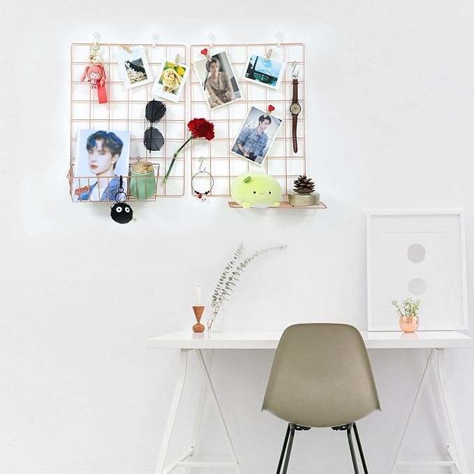 GBYAN Wall Grid 2 Pack Wire Photo Grid Panels Memo Board Wall Organizer(Rose Gold)