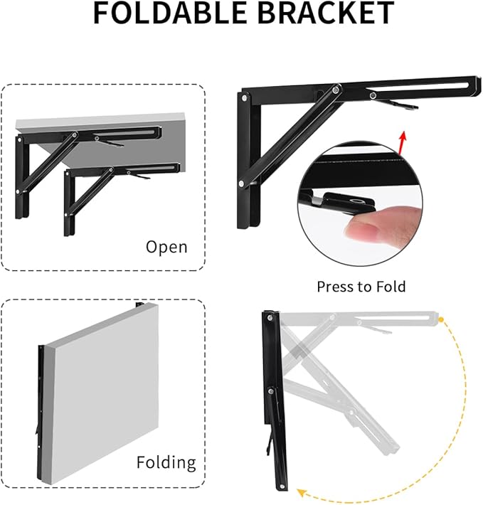 YUMORE Folding Shelf Bracket Heavy Duty, 12 Inch Collapsible Shelf Bracket, Black DIY L Bracket for Workbench Folding Table Hinge, Max Load: 330lbs, 2 Pack