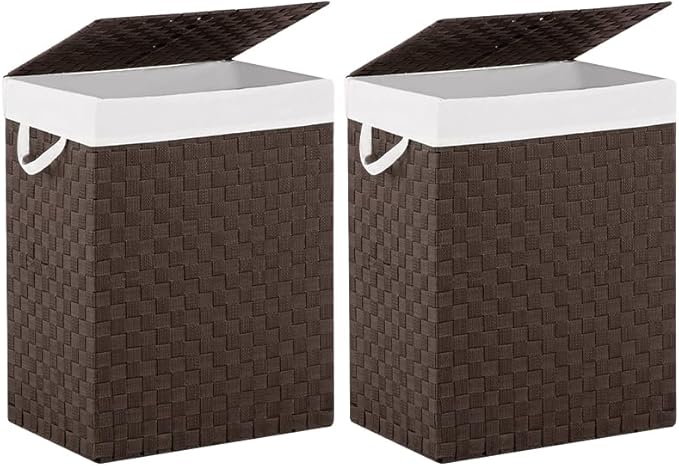 Foldable Laundry Hamper Basket with Lid by Fiona's magic, Handwoven 96L Large Clothes Hamper with Removable Liner Bags, Collapsible Tall Hamper for Bedroom, Bathroom and Dorm Organizer, 2Pack, Brown