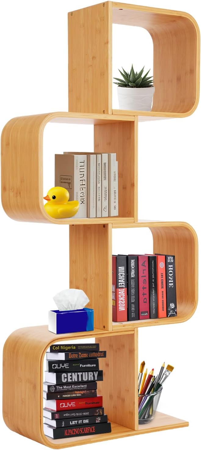 4-Tier S-Shaped Bookcase, Office Bookshelf with 4 Open Cubes, Geometric Bookshelf Rack, Freestanding Display Shelf Storage Organizer for Living Room Study Home Office