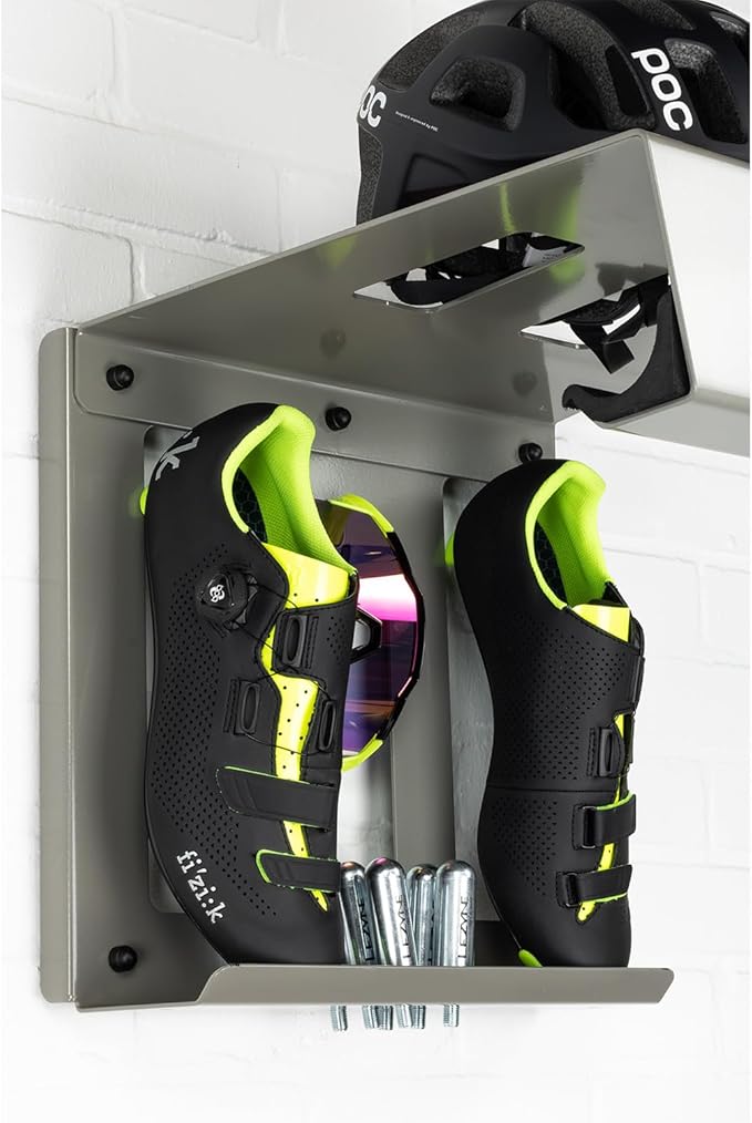 Stasdock Wall Bike Rack | Bike Storage Wall Mount System | For Race Bicycles (Silver Metallic) and Mountain Bikes | Bike Shelf | Indoor bike wall bracket | Stores helmet and shoes | Home and Garage