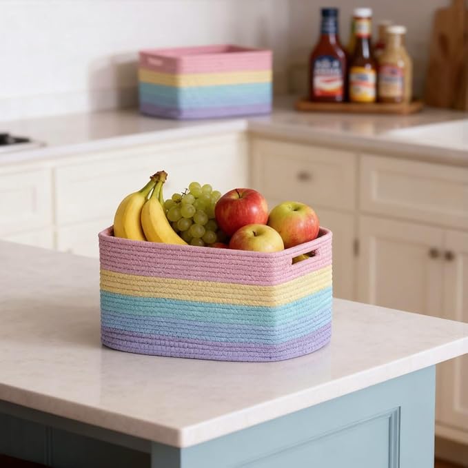 5 Pack Rainbow Woven Storage Baskets for Shelves, Decorative Toy Baskets Organizer for Kids Room, Nursery, Playroom, Classroom – Colorful Cotton Rope Toy Storage Bins for Organizing & Decor