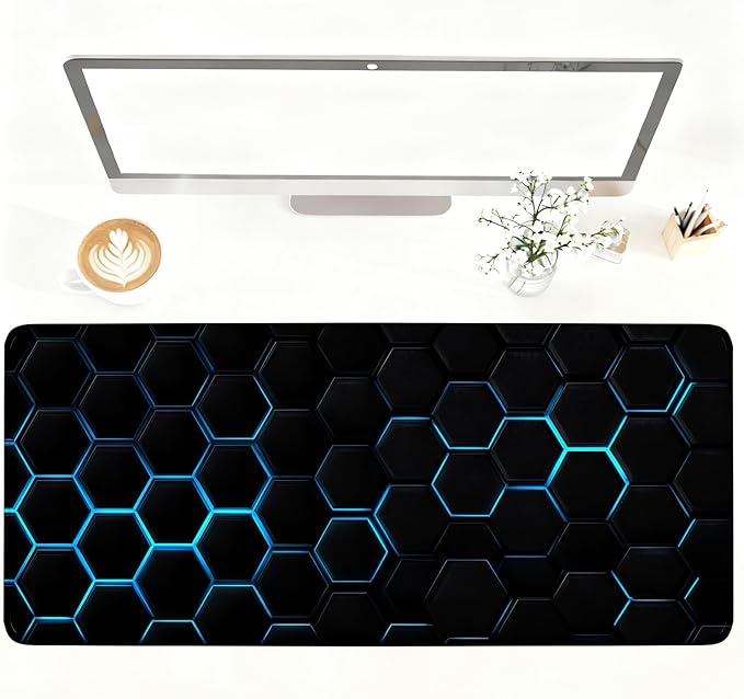 Gaming Mouse Pad – Large Extended Desk Mat35.43 x 15.75 in – Futuristic Black Honeycomb Design with Blue Glow, Non-Slip Base, Waterproof Surface, Keyboard & Mouse Pad for Gaming or Office