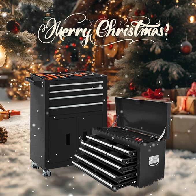 13-Drawer Rolling Tool Chest with Double Doors, 2 in 1 Detachable Rolling Tool Chest with Drawers, Mobile Tool Cabinet Combo, Metal Large Lockable Tool Box for Garage Workshop (Black)