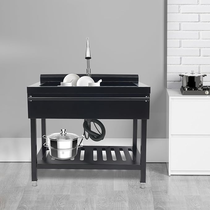 Stainless Steel Utility Sink, Free Standing Single Bowl Kitchen Sink with Pull-Out Cold/Hot Faucet, Splashback & Storage Shelf, Large Utility Sinks for Laundry, Garage 35.4 * 22.4 * 37in