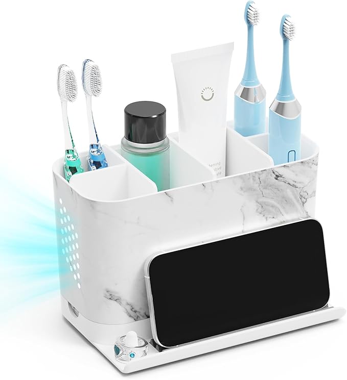 Toothbrush Holders, Toothbrush Caddy with Front Ledge and Cord Slots, Detachable Tooth Brush Holder for Bathroom Countertop, Shower, Vanity, Large Capacity 6 Slots Marble Bathroom Accessories