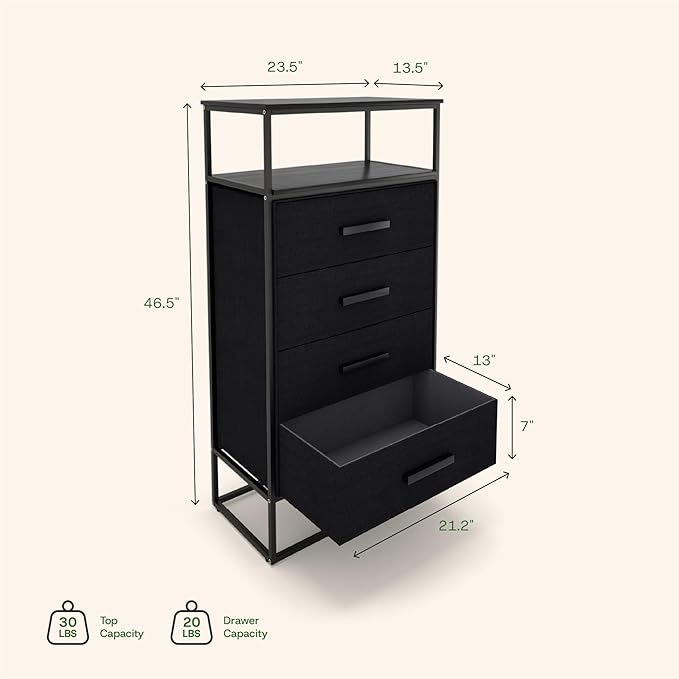 tinge Zana Premium Fabric Dresser - Strong Metal Frame, 4 Spacious Sag-Proof Drawers & Sturdy Wooden Top Shelf - Premium, Sleek & Durable Storage Solution for Your Home (Black)