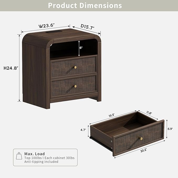 Oak&Sparrow 2 Drawer Tall Dresser for Bedroom, 23.6'' Rattan Dresser with Ample Storage, Boho Chest of Drawers, Thickened Curved Profile Design, Dark Walnut Dressers for Bedroom, Living Room