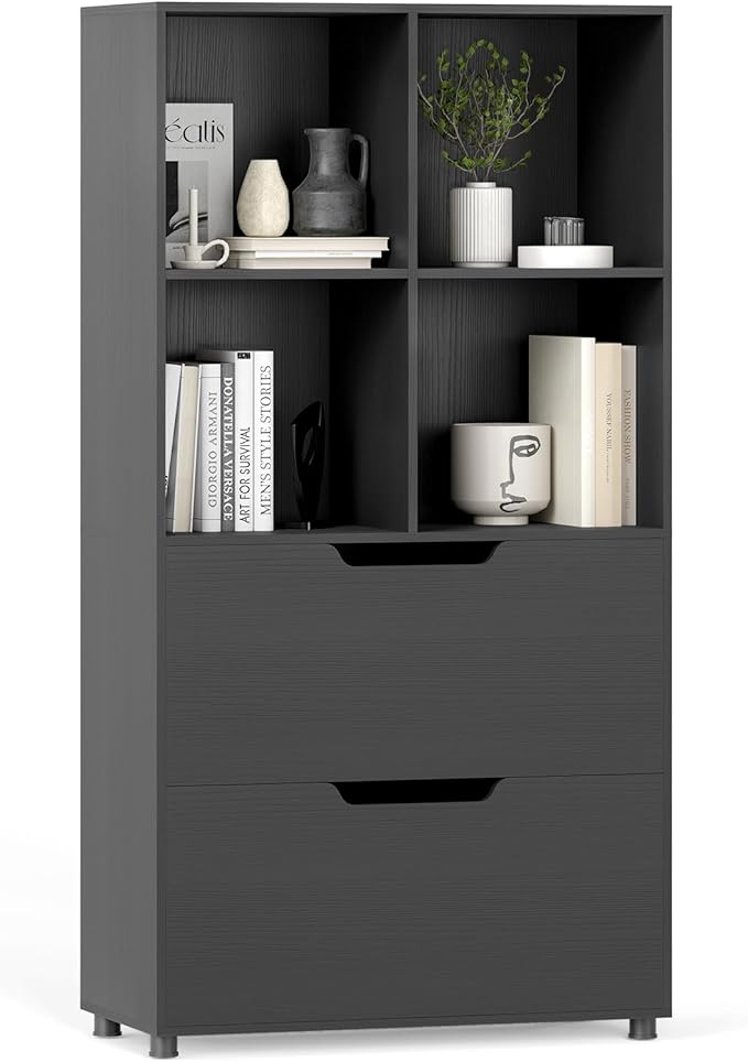 GOFLAME 4-Tier Bookcase with 2 Drawers, 51” Tall Bookshelf with 4-Cube Open Shelf, Wood, Modern, Freestanding Display Storage Organizer Shelf for Living Room, Home Office (1,Black)