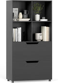 GOFLAME 4-Tier Bookcase with 2 Drawers, 51” Tall Bookshelf with 4-Cube Open Shelf, Wood, Modern, Freestanding Display Storage Organizer Shelf for Living Room, Home Office (1,Black)