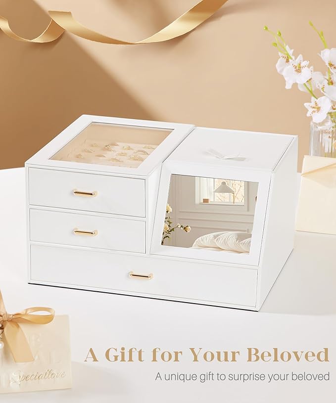 Homde Women Mirror Jewelry Box: Organizer Case with Clear Lid for Ring Necklace Earring - Christmas Gift for Young Women (White)