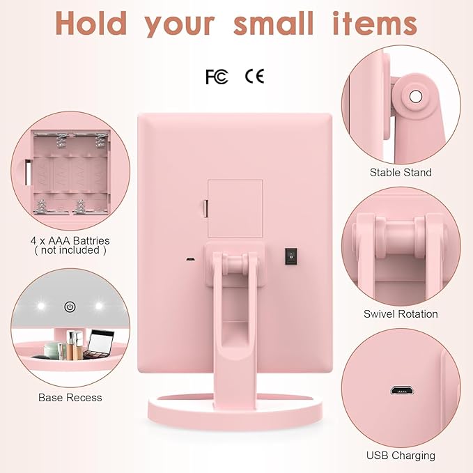 Tri-fold Lighted Vanity Makeup Mirror with 3x/2x Magnification,21 LED Lights and Touch Screen,180 Degrees Free Rotation Countertop Cosmetic Mirror,Travel(Pink)