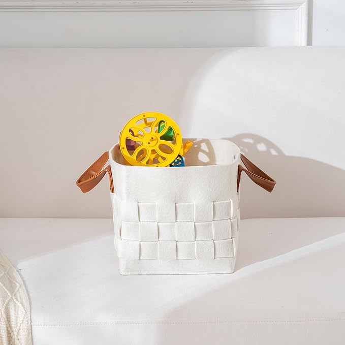 boldmonkey Storage Basket 3 Pack, Medium 10" x10" x10 " Baskets for Shelves with Leather Handle, Cube Felt Fabric Storage Box for Bedroom, Nursery, Living Room - Beige