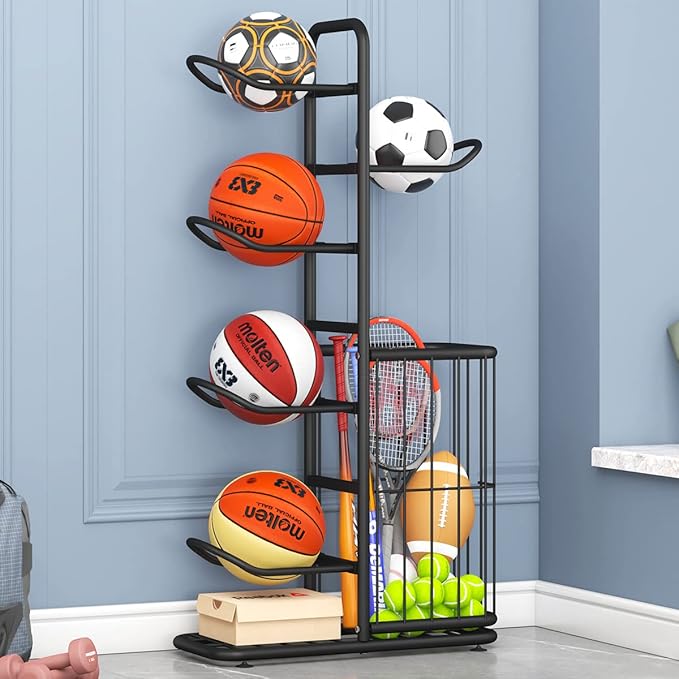 Sports Ball Storage Rack | Adjustable Vertical Stand for Basketball, Soccer, Volleyball & More | Durable Steel Organizer for Garage |5-Ball |45.7 inches, black