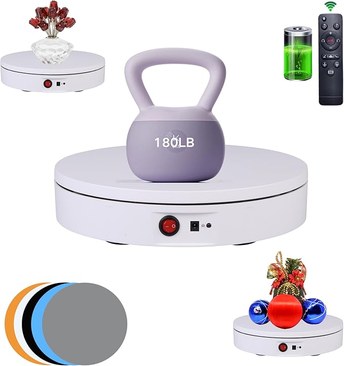 JAYEGT Motorized Rotating Display Stand，180Lbs Load，360 Degree Electric Rotating Turntable for Photography Products Display，Live Show,Remote Control +5 Colors Backgrounds(White / 8.66inch / Rechargeable)