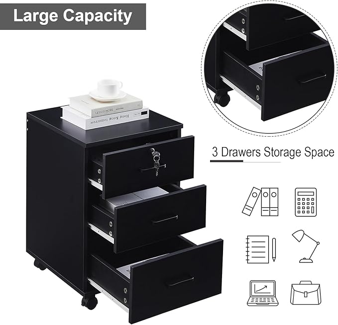 File Cabinet with Lock 3 Drawer Mobile Filing Cabinet with 360° Swivel Wheels, Under Desk Storage Cabinet Wooden File Organizer for Legal/Letter/A4 Documents, Home Office Storage (Black)