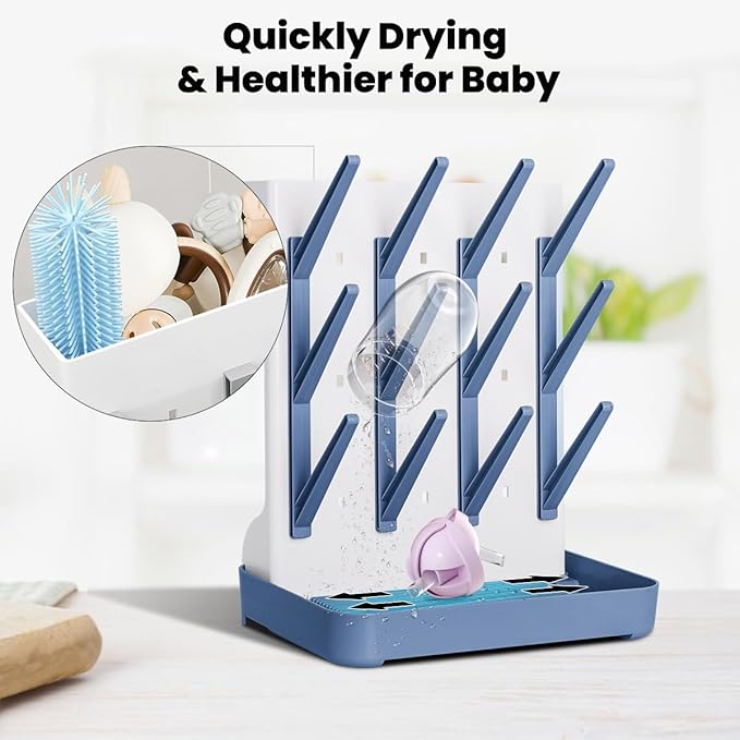Baby Bottle Drying Rack: Vertical Space Saving Large Bottles Holder - Standing Boon Dryer Rack Baby Accessory - Countertop Holds Up to 12 Bottles & Pump Part Cleaning & Cup (Blue) (Blue)