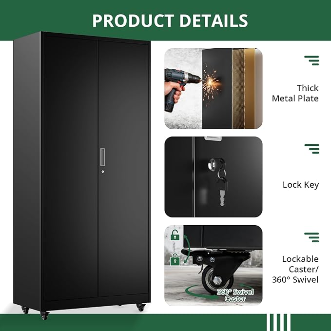 Metal Broom Closet, Garage Storage Cabinet, Tool Chest Bathroom Cabinet with Locking Doors and Wheels, 72" Tall Utility Cabinet with Hanging Rod, Freestanding Storage Cabinet for Cleaning Supplies