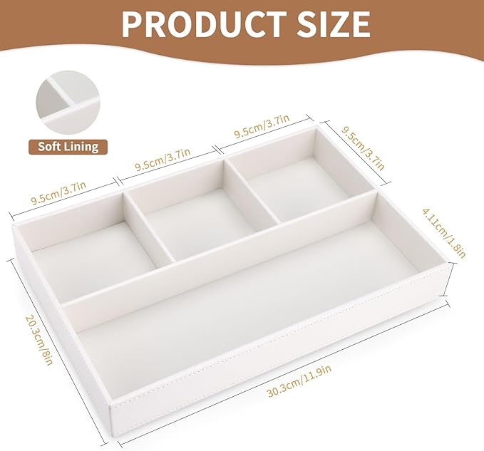 KINGFOM PU Leather Desk Drawer Organizer, 4 Compartment Office Supplies Stationery Storage Tray, Desk Organizers and Accessories Drawer Organizer Tray for Home, Makeup, Jewelry Stackable White