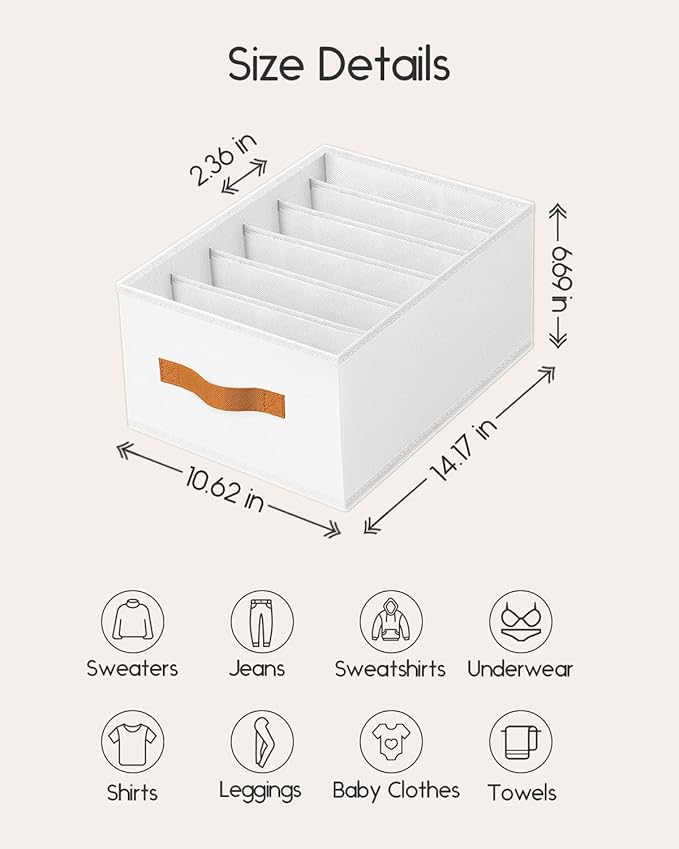 Closet Organizers and Storage - Fabric Clothes Organizer with Handles, Foldable Jeans Organizer for Clothes, Drawer Organizer for Shirts, Bra, Sweater, Scarf, 6 Pack, White
