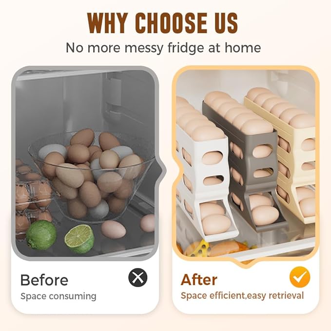 4-Tier Refrigerator Egg Holder, Automatic Gravity-Fed Rolling Egg Dispenser with Easy-Load Design, Space-Saving Fridge Organizer for Up to 30 Eggs, Kitchen & Pantry Storage Container (White) (gray)