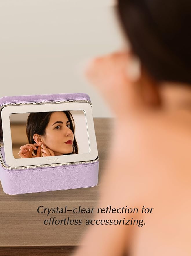 Velvet Travel Jewelry Box with Large Mirror, Double-Layer Jewelry Organizer Case for Women and Girls, Portable Storage Case with 6 Anti-Tarnish Bags Gift Ready for Her (Lavender)