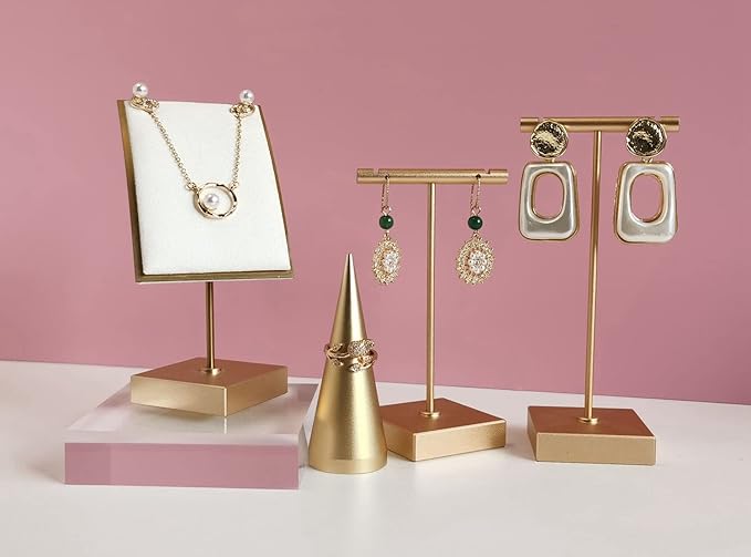 GemeShou 2pcs metal earring holder, Gold T bar earring display stand, mini hangers for earrings Jewelry Photography, earring storage organizer【Gold-Square Base 2pcs Height 4.3 and 5.1 inch】