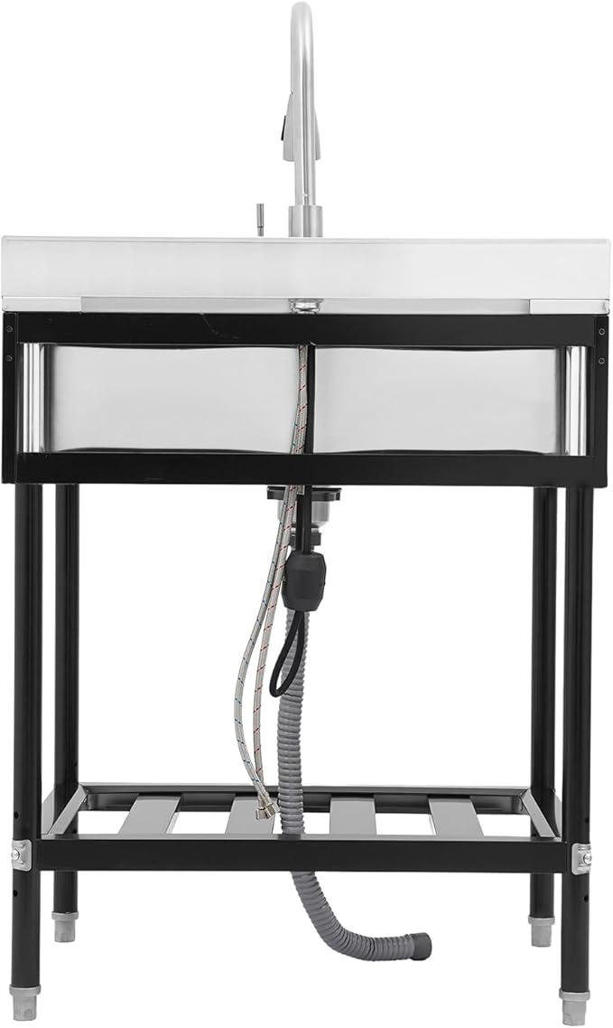 Stainless Steel Utility Sink, Free Standing Single Bowl Kitchen Sink with Pull-Out Cold/Hot Faucet, Storage Shelf & Splashback, Large Utility Sinks for Kitchen, Laundry, Garage 30.7"D x 22"W x 40.3"H