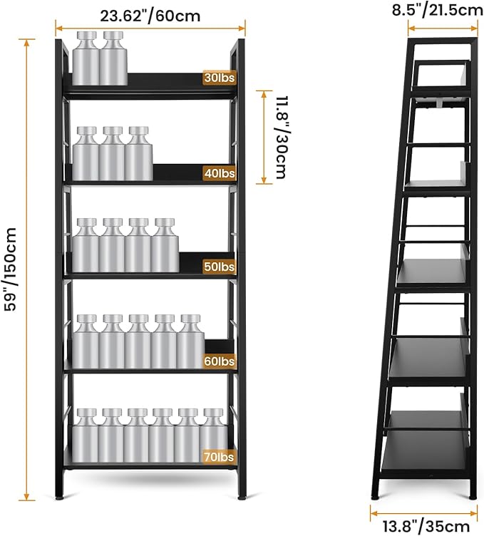 Himimi Black Ladder Bookshelf, 5 Shelf Bookcase Industrial Bookshelf Wood and Metal Bookshelves, Plant Flower Stand Rack Book Storage Shelves for Living Room, Bedroom, Home Office (2 PCS)
