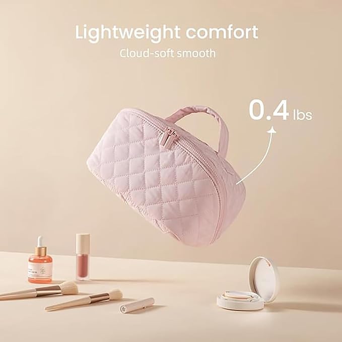 2026 New Travel Makeup Bag,Festivalment Wide Open Lay-Flat Water-Resistant Cosmetic Case,Puffy Padded Organizer for Toiletries & Brushes Large Capacity with Compartments (White)