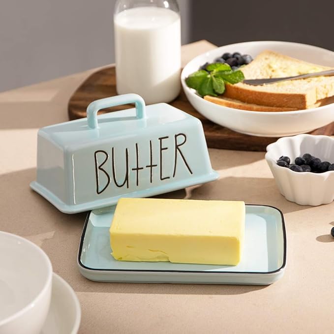 Sweejar Ceramic Butter Dish with Handle Lid, 7.3 Inch Porcelain Large Butter Keeper with Cover, Perfect for East/West Butter (Turquoise)