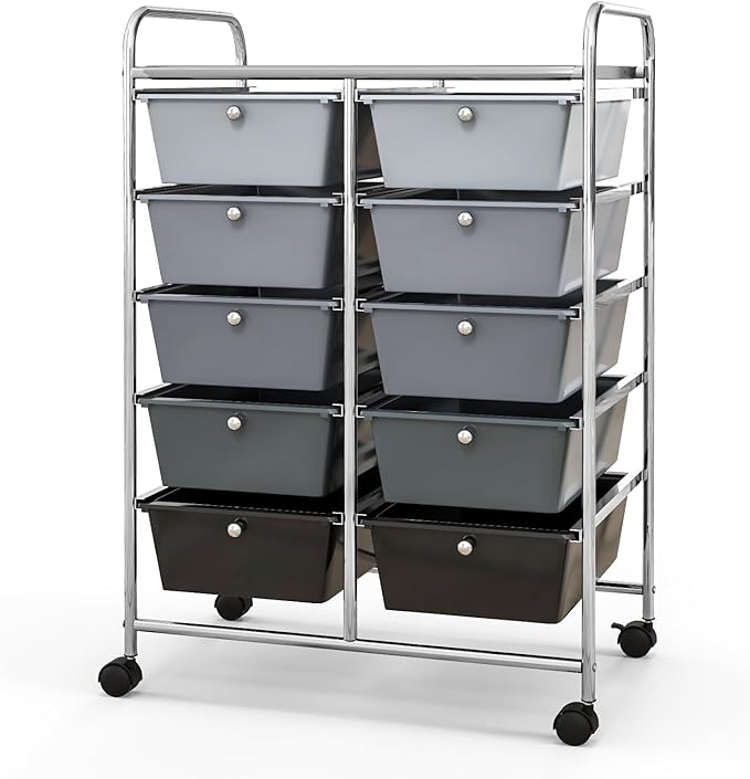 Giantex 10 Drawers Rolling Cart, Classroom Organizers, Storage Cart with Wheels, for Teacher Office Home School Supplies Tool Craft Art Paper, Black Gradient