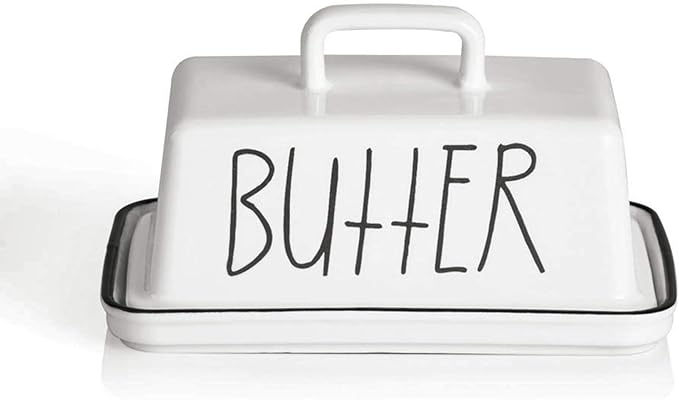 Sweejar Ceramic Butter Dish with Handle Lid, 7.3 Inch Porcelain Large Butter Keeper with Cover, Perfect for East/West Butter (White)