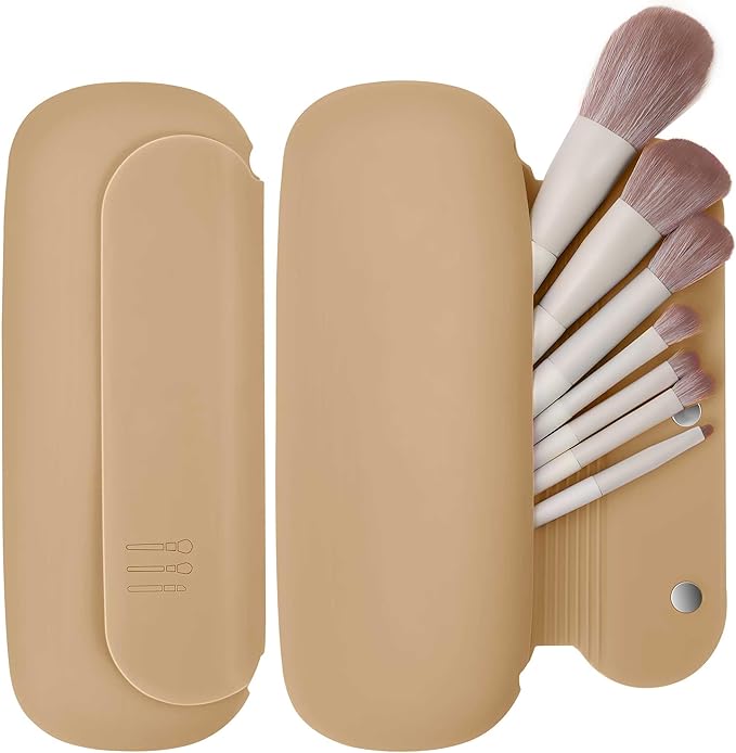 Silicone Travel Makeup Brush Holder for Women with Magnetic Closure and Built-in Brush Cleaner, Washable Cosmetic Organizer, Gift-Ready Pouch, Khaki