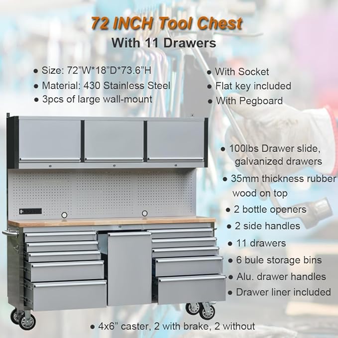 72 inch 11 Drawers Tool Chest with 3 Up Cabinet & Pegboard in Stainless Steel, Large Lockable Mobile Workbench with 6 Blue Storage Bins, Tool Box for Garage, Workshop (1 × HTC7214W1+ 1 × HTC7218W1)