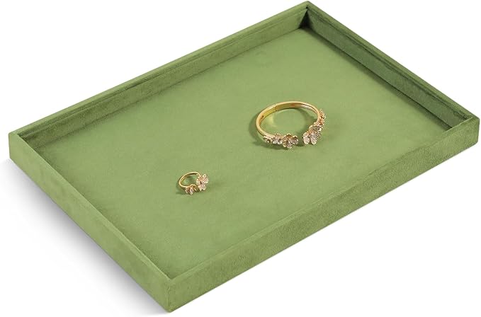 Velvet Stackable Jewelry Display Flat Tray For Ring Earring Necklace Bracelet, Bangle Pendant Storage Blank Plate, Shop Countertop Jewelry Dish Organizer (Olive Green)