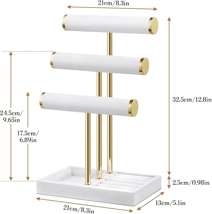 Bracelet Holder Jewelry Organizer Display - 3 Tier T Bar Velvet Stand, White Jewelry Storage for Bracelet, Necklaces, Earrings, Watches