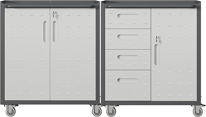 Metal Tool Cabinet,Garage Storage Cabinet System,Wall Cabinet & Locking Rolling Tool Cabinet with Doors and Adjustable Shelves,Steel Tool Cabinets for Home (2 Pcs-Styled, Black & Grey)
