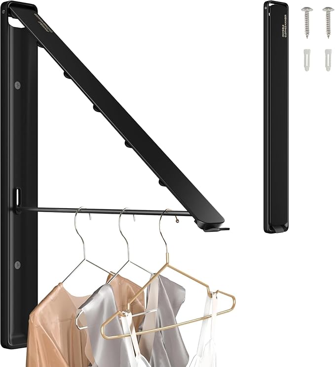 Dr.DJ Clothes Drying Rack Wall Mounted, Retractable & Foldable Clothes Hanger for Laundry Room Organization and Storage, Clothes Hanger Rack for Dorm, Closet, Balcony, Laundry Room(2Pack, Black)