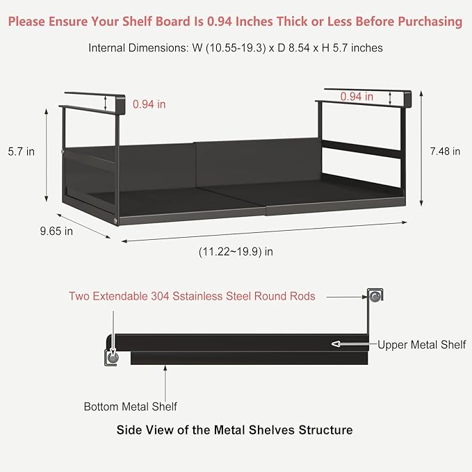 Expandable Under Cabinet Shelf Organizer with 0.94-Inch Thick Clips, Heavy Duty Extendable Under Shelf Storage Basket for Pantry or Laundry Room, Black, 2 Pack, Interior: 5.7" H x 8.54" D