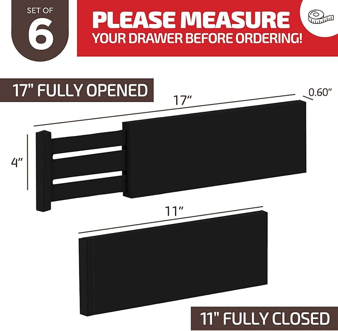 6 Pack Drawer Dividers 4 Inch High, 11”-17" Adjustable Bamboo Organizers Large Expandable Drawer Separators for Cloths, Dresser, Bedroom, Bathroom, Baby Drawer, Office & Kitchen Utensils (Black)