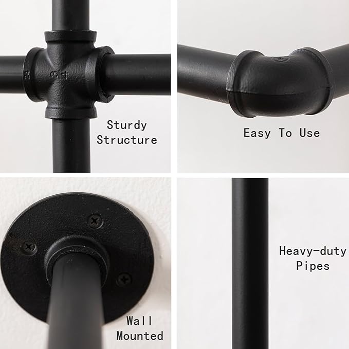 Industrial Pipe Clothing Rack - Wall Mounted Garment Rack as Walk-in Closet System. Sturdy Open Wardrobe for Hanging Clothes - Heavy Duty Clothes Rack with Four Hanging Rods for Home