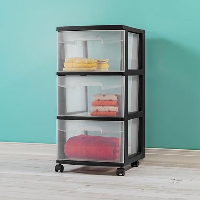 Sterilite 4-Pack 3-Drawer Rolling Plastic Storage Cart, Black Frame and Clear Drawers – Home, Office, or Dorm Portable Organizer with Removable Wheels