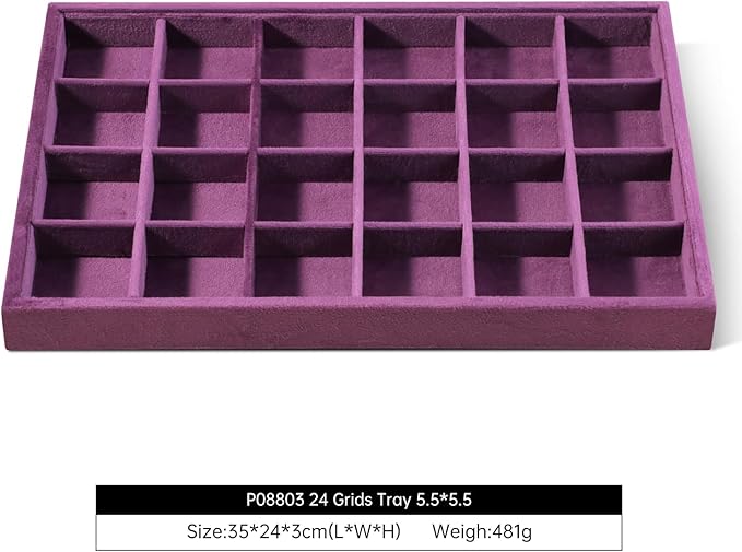 Velvet Stackable Jewelry Display Tray, 24 Grid Earring Ring Storage Tray, Drawer Divider Jewelry Accessories Organizer Plate (Purple)