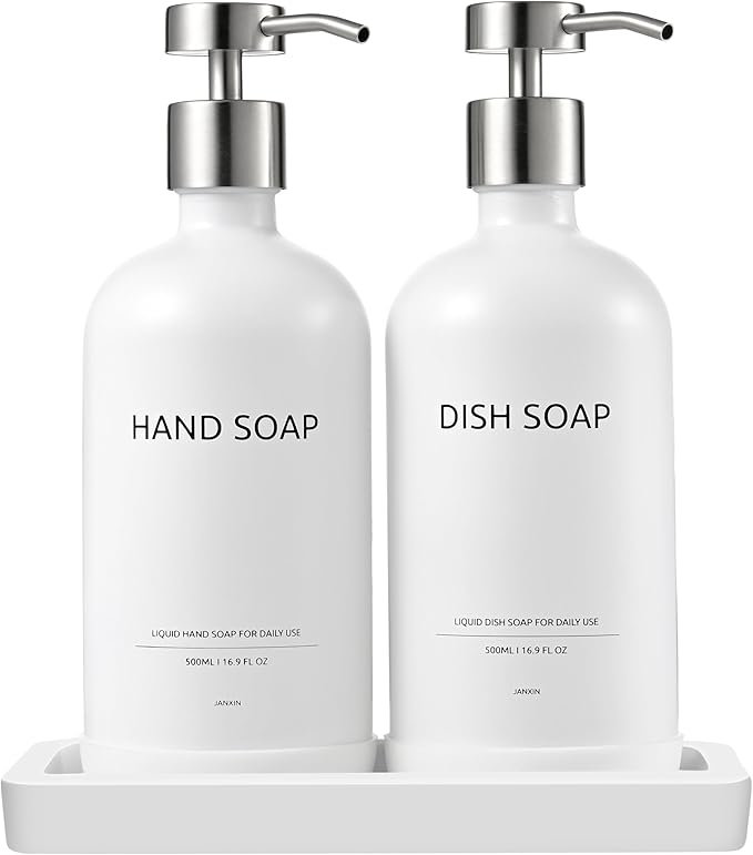 Glass Kitchen Soap Dispenser Set with Ceramic Tray,16.9 floz Hand and Dish Soap Dispenser for Kitchen and Bathroom Decor (White Bottles + Silver Pumps)