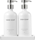 Glass Kitchen Soap Dispenser Set with Ceramic Tray,16.9 floz Hand and Dish Soap Dispenser for Kitchen and Bathroom Decor (White Bottles + Silver Pumps)